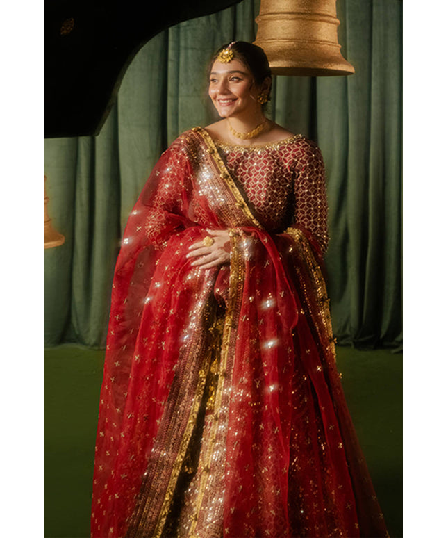 Mohsin Naveed Ranjha | Maroon Indian Silk Embellished Lehenga