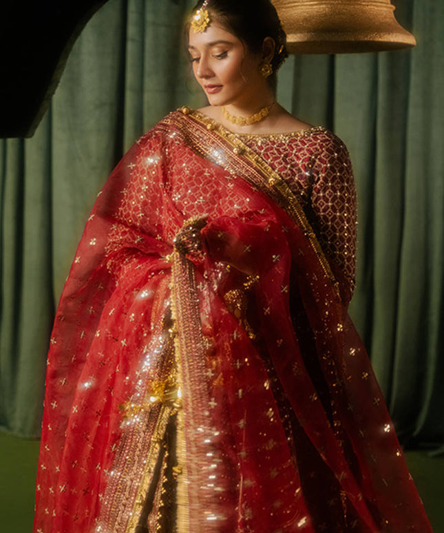 Mohsin Naveed Ranjha | Maroon Indian Silk Embellished Lehenga