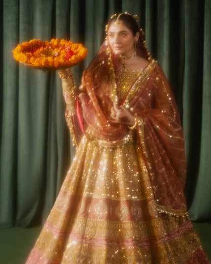Mohsin Naveed Ranjha | Mustard Indian Silk Embellished Lehenga Choli