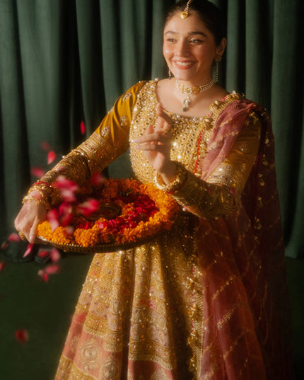 Mohsin Naveed Ranjha | Mustard Indian Silk Embellished Lehenga Choli