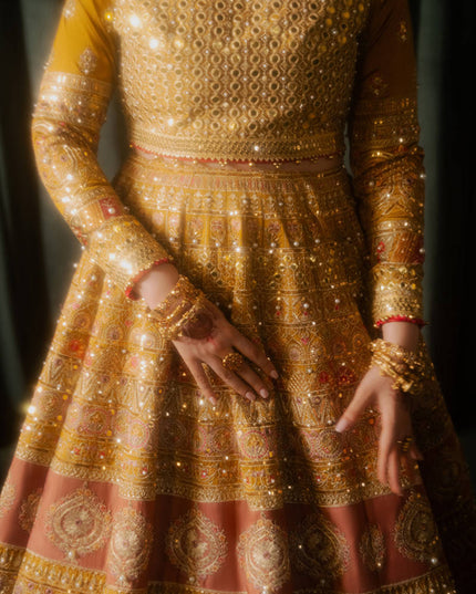 Mohsin Naveed Ranjha | Mustard Indian Silk Embellished Lehenga Choli