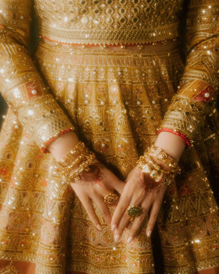 Mohsin Naveed Ranjha | Mustard Indian Silk Embellished Lehenga Choli