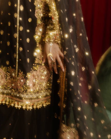 Mohsin Naveed Ranjha | Black Silk Embroidered Embellished Gharara