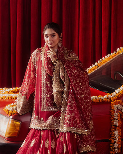 Mohsin Naveed Ranjha | Red Organza Embroidered Gharara