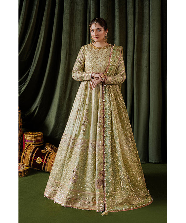 Mohsin Naveed Ranjha | Pistachio Green Indian Silk Embroidered Pishwas Dress