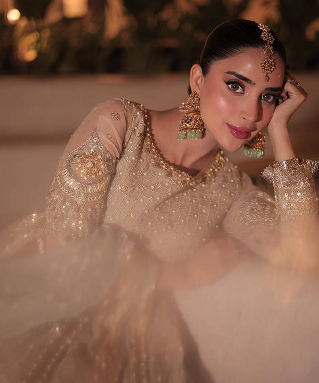 Mohsin Naveed Ranjha | Pale Beige Organza Silk Embroidered Pishwas Lehenga