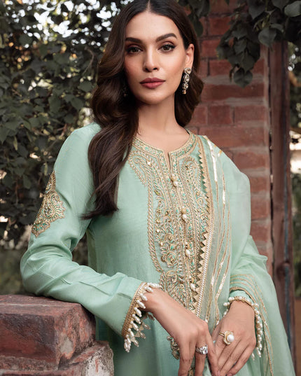 Zareen | Mint Green Khaddi Silk Embroidered Suit