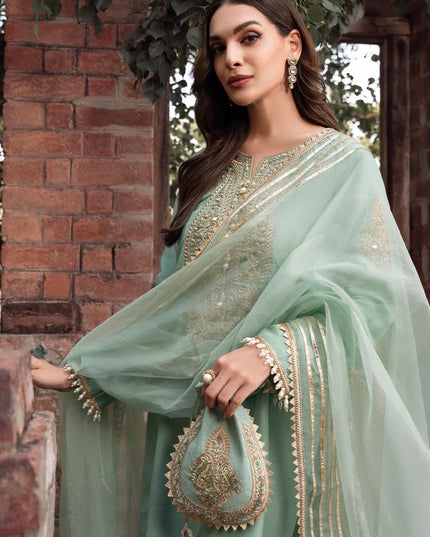 Zareen | Mint Green Khaddi Silk Embroidered Suit