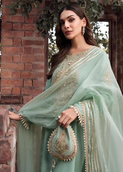 Zareen | Mint Green Khaddi Silk Embroidered Suit