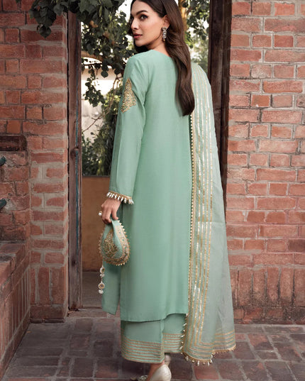 Zareen | Mint Green Khaddi Silk Embroidered Suit