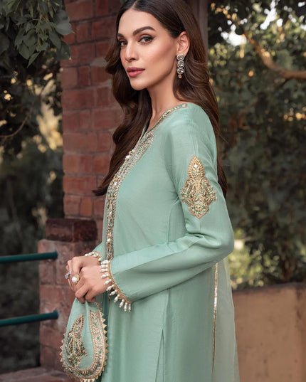 Zareen | Mint Green Khaddi Silk Embroidered Suit