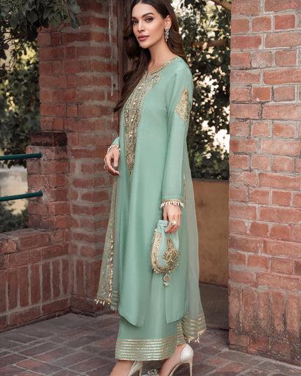 Zareen | Mint Green Khaddi Silk Embroidered Suit