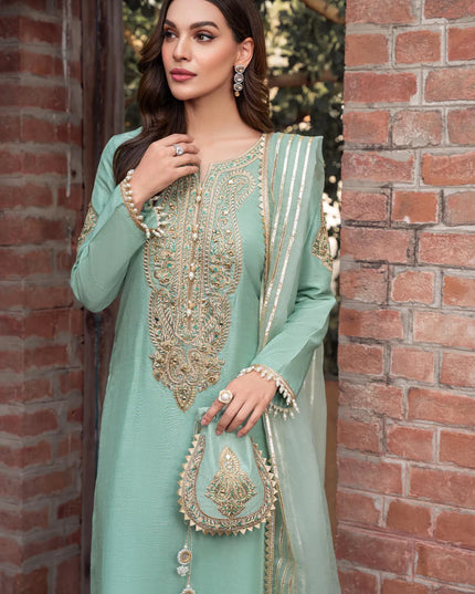 Zareen | Mint Green Khaddi Silk Embroidered Suit