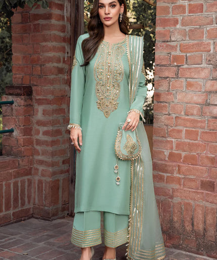 Zareen | Mint Green Khaddi Silk Embroidered Suit