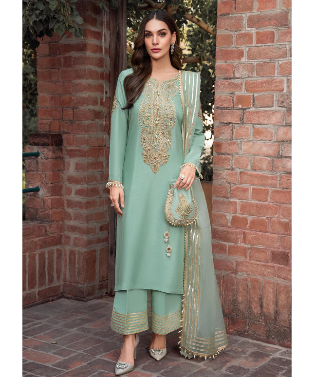 Zareen | Mint Green Khaddi Silk Embroidered Suit