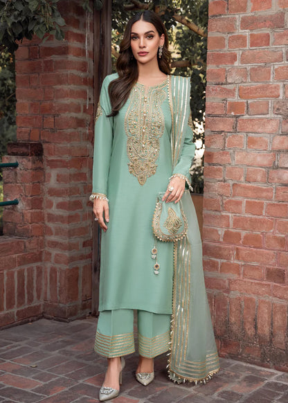 Zareen | Mint Green Khaddi Silk Embroidered Suit