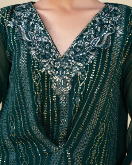 Jewel | Bottle Green Chiffon Embroidered Kaftan