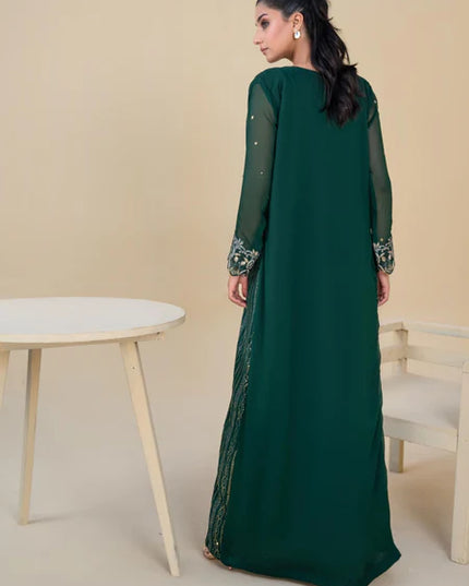 Jewel | Bottle Green Chiffon Embroidered Kaftan