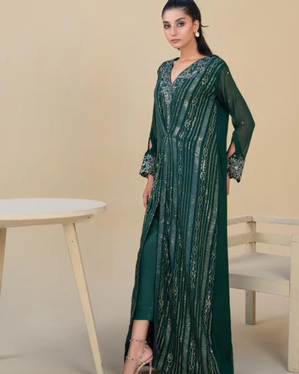 Jewel | Bottle Green Chiffon Embroidered Kaftan