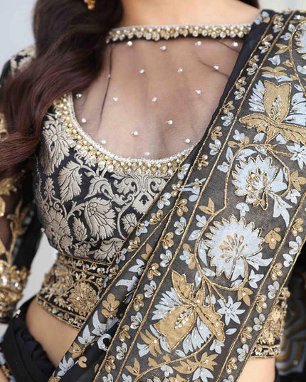 Mahgul | Black Chiffon Embellished Saree