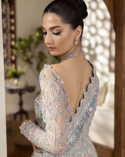 Lily | Powder Blue Net Embroidered Embellished Peshwas Dress