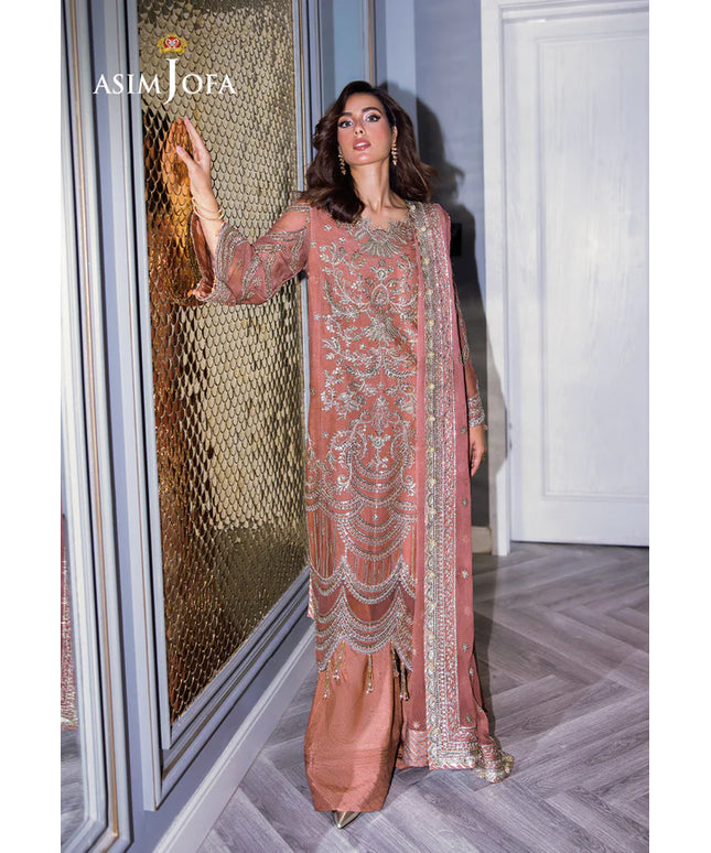 Asim Jofa | Peach Embroidered Sequined Chiffon Suit