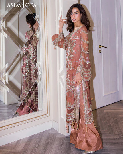 Asim Jofa | Peach Embroidered Sequined Chiffon Suit