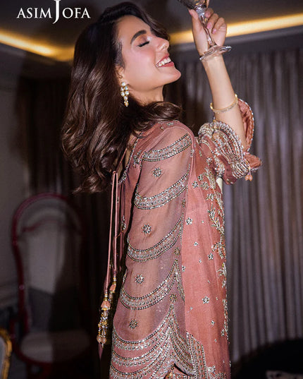 Asim Jofa | Peach Embroidered Sequined Chiffon Suit