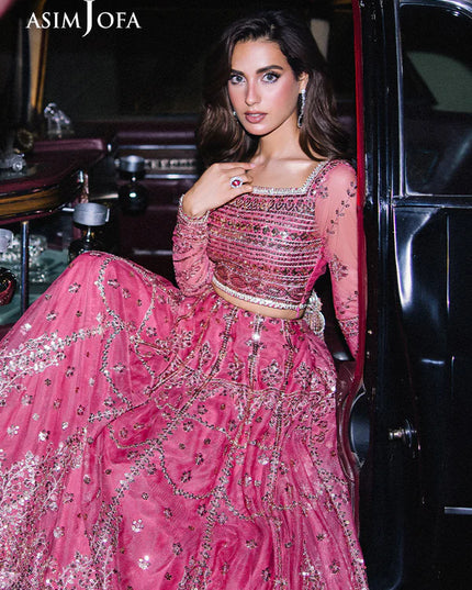 Asim Jofa | Pink Embroidered Sequined Net Lehenga Choli