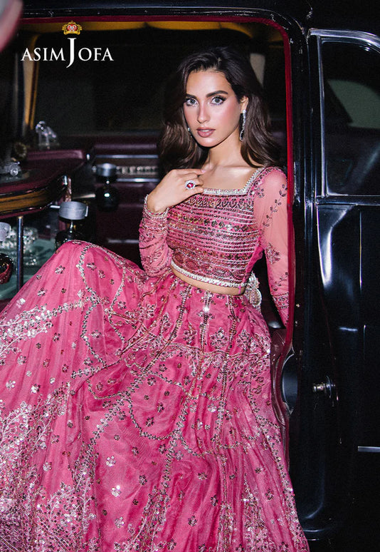 Asim Jofa | Pink Embroidered Sequined Net Lehenga Choli