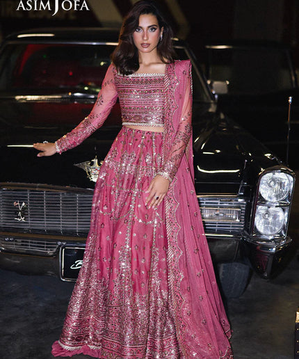 Asim Jofa | Pink Embroidered Sequined Net Lehenga Choli