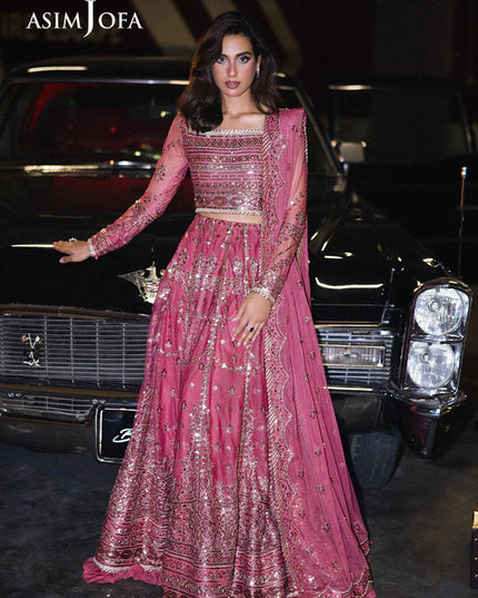 Asim Jofa | Pink Embroidered Sequined Net Lehenga Choli
