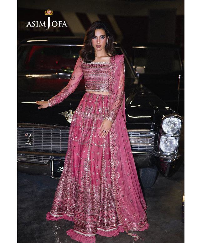 Asim Jofa | Pink Embroidered Sequined Net Lehenga Choli