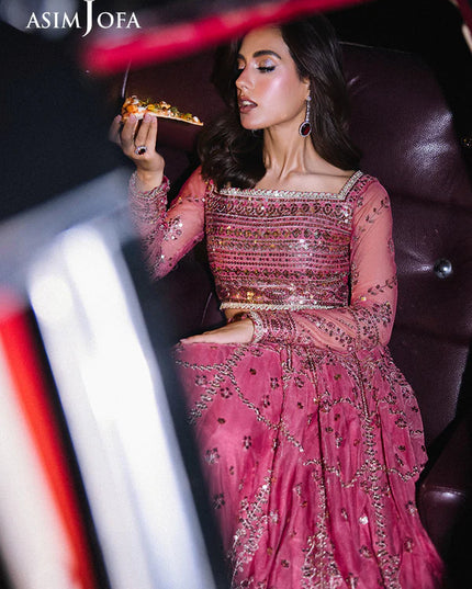 Asim Jofa | Pink Embroidered Sequined Net Lehenga Choli