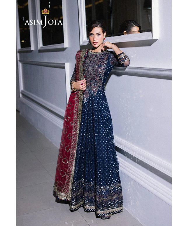 Asim Jofa | Navy Blue Embroidered Sequined Net Pishwas
