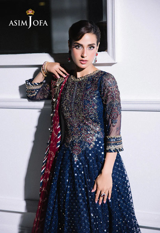 Asim Jofa | Navy Blue Embroidered Sequined Net Pishwas