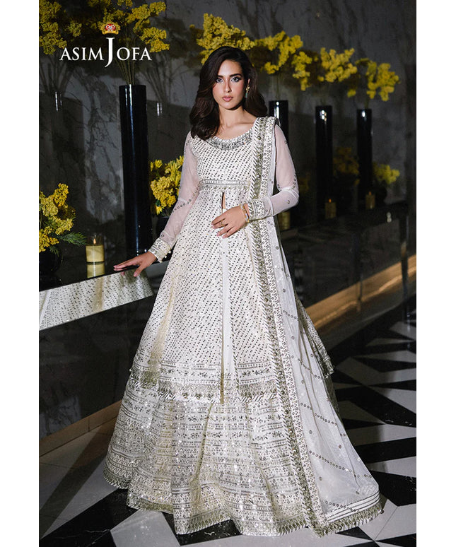 Asim Jofa | Ivory Embroidered Sequined Net Kalidaar Dress