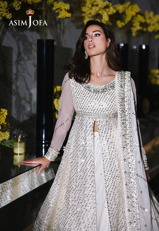 Asim Jofa | Ivory Embroidered Sequined Net Kalidaar Dress