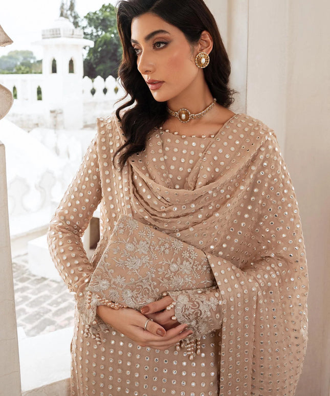 Salina | Beige Chiffon Chikenkari Suit