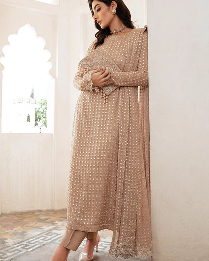 Salina | Beige Chiffon Chikenkari Suit