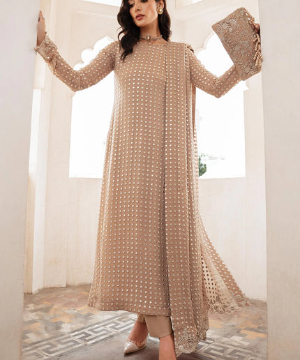 Salina | Beige Chiffon Chikenkari Suit