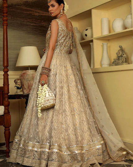 Sukhan | Cream Organza Jamawar Embellished Pishwas