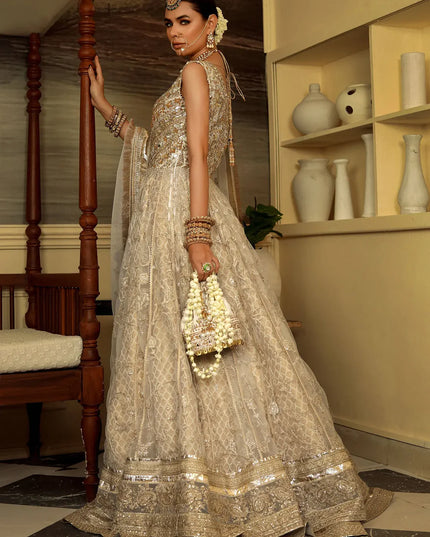 Sukhan | Cream Organza Jamawar Embellished Pishwas