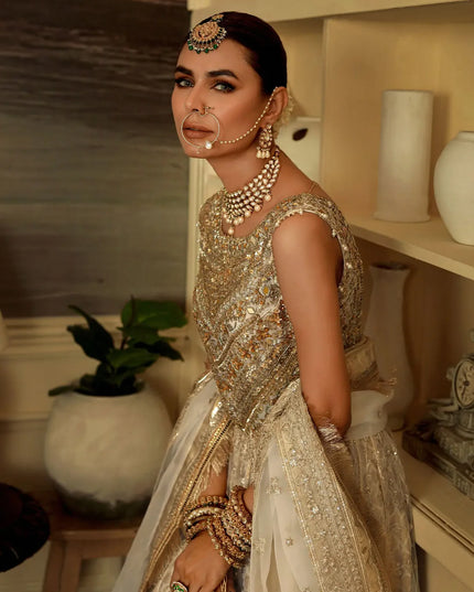 Sukhan | Cream Organza Jamawar Embellished Pishwas