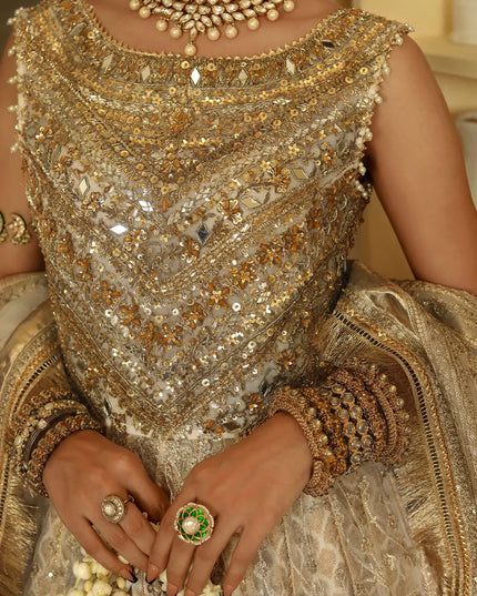 Sukhan | Cream Organza Jamawar Embellished Pishwas