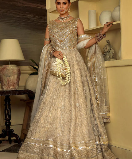 Sukhan | Cream Organza Jamawar Embellished Pishwas