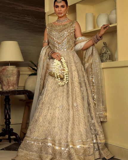 Sukhan | Cream Organza Jamawar Embellished Pishwas