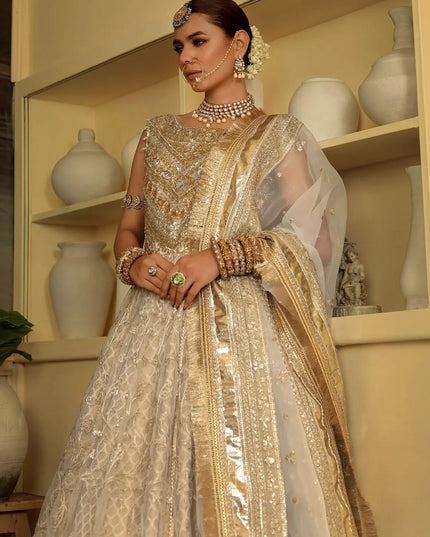Sukhan | Cream Organza Jamawar Embellished Pishwas