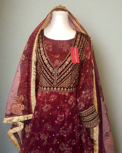Sukhi | Maroon Embroidered Chiffon Velvet Maxi
