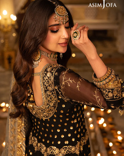 Asim Jofa | Black Embroidered Chiffon Angrakha